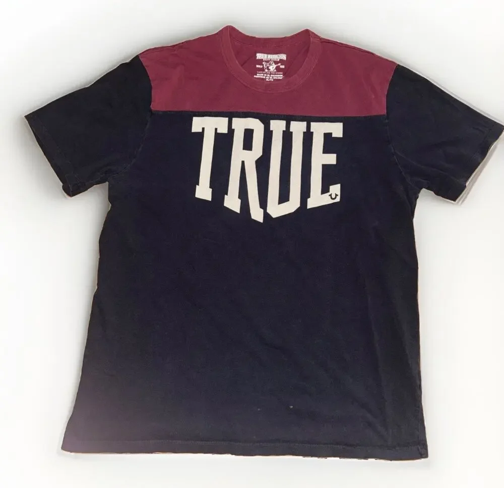 True Religion Football Jersey T-Shirt Burgundy Blue Men’s XL 22x27